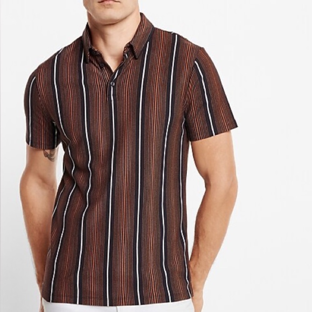 Express Men's Black and White Striped Brown Shirt pima cotton pique polo